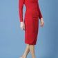 model is wearing diva catwalk cynthia long sleeve pencil dress with low v-neckline in scarlet red front