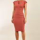 model wearing diva catwalk daphne sleeveless marsala brown  pencil dress with rounded neckline with split in the middle in front sheath dress