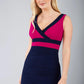 model is wearing duva catwalk banbury sleeveless colour block pencil dress with low v-neck in navy and magenta haze front