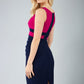 model is wearing duva catwalk banbury sleeveless colour block pencil dress with low v-neck in navy and magenta haze back