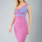 model is wearing duva catwalk banbury sleeveless colour block pencil dress with low v-neck in rosebud pink and vista blue front