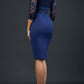 Model wearing the Diva Ivana Lace dress in pencil dress design in navy blue back image