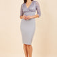 Model wearing the Diva Ivana Lace dress in pencil dress design in grey front