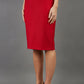 blonde model is wearing seed diva dawlish red pencil skirt front