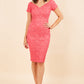 Model wearing the Diva Abberton Lace Sweetheart Neckline Pencil Dress in coral front 