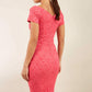 Model wearing the Diva Abberton Lace Sweetheart Neckline Pencil Dress in coral back