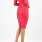 Model wearing Diva Bucklebury red Lace pencil dress with sleeves in ripple crepe and stretch lace fabric in coral lace front