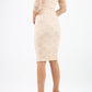 Model wearing Diva Bucklebury red Lace pencil dress with sleeves in ripple crepe and stretch lace fabric in beige lace back