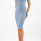 model is wearing diva catwalk seed barton short sleeve pencil dress with v-neck in steel blue front 