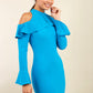 brunette model is wearing diva catwalk liah long sleeve cold-shoulder pencil dress with high neck in tropic teal front