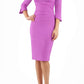 blonde model wearing seed tuscany pencil fitted dress in magenta mist colour with a split in the neckline and split detail on sleeves front