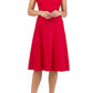 model wearing diva catwalk rochelle swing skirt a line dress without sleeves with a low v neck in red front