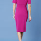 model is wearing diva catwalk camille short sleeve pencil dress with folded rounded neckline in magenta back