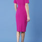 model is wearing diva catwalk camille short sleeve pencil dress with folded rounded neckline in magenta back