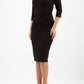 brinette model wearing diva catwalk kubrick pencil-skirt dress with sleeves and asymmetric neckline in black front