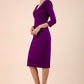 model is wearing diva catwalk eliza sleeved pencil dress with collared v-neck in purple front