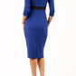 model wearing diva catwalk royal blue pencil-skirt dress  with 3 4 sleeves and pleated pencil skirt and oversized collar back