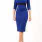 model wearing diva catwalk royal blue pencil-skirt dress  with 3 4 sleeves and pleated pencil skirt and oversized collar front