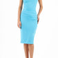 model wearing diva catwalk primula pencil skirt dress in pink with pleating on one side and sleeveless design in colour sky blue front