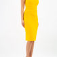 model wearing diva catwalk primula pencil skirt dress in pink with pleating on one side and sleeveless design in colour yellow front