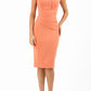 Model wearing the Diva Clara Pencil dress with vertical pleat detailing at bust sleeveless design in dusty coral front image