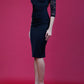 blonde model wearing diva catwalk haversham three quarter contrast pencil dress with lace detail across arms and neckline with pleating cross body in black and black front