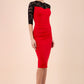 blonde model wearing diva catwalk haversham three quarter contrast pencil dress with lace detail across arms and neckline with pleating cross body in red and black front