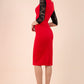 blonde model wearing diva catwalk haversham three quarter contrast pencil dress with lace detail across arms and neckline with pleating cross body in red and black back