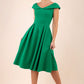 blonde model wearing diva catwalk Chesterton a-line skirt Swing Sleeveless dress in emerald green front