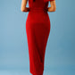 brunette model is wearing the diva catwalk vegas midaxi calf length dress off shoulder in rosewood red back