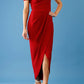 brunette model is wearing the diva catwalk vegas midaxi calf length dress off shoulder in rosewood red front