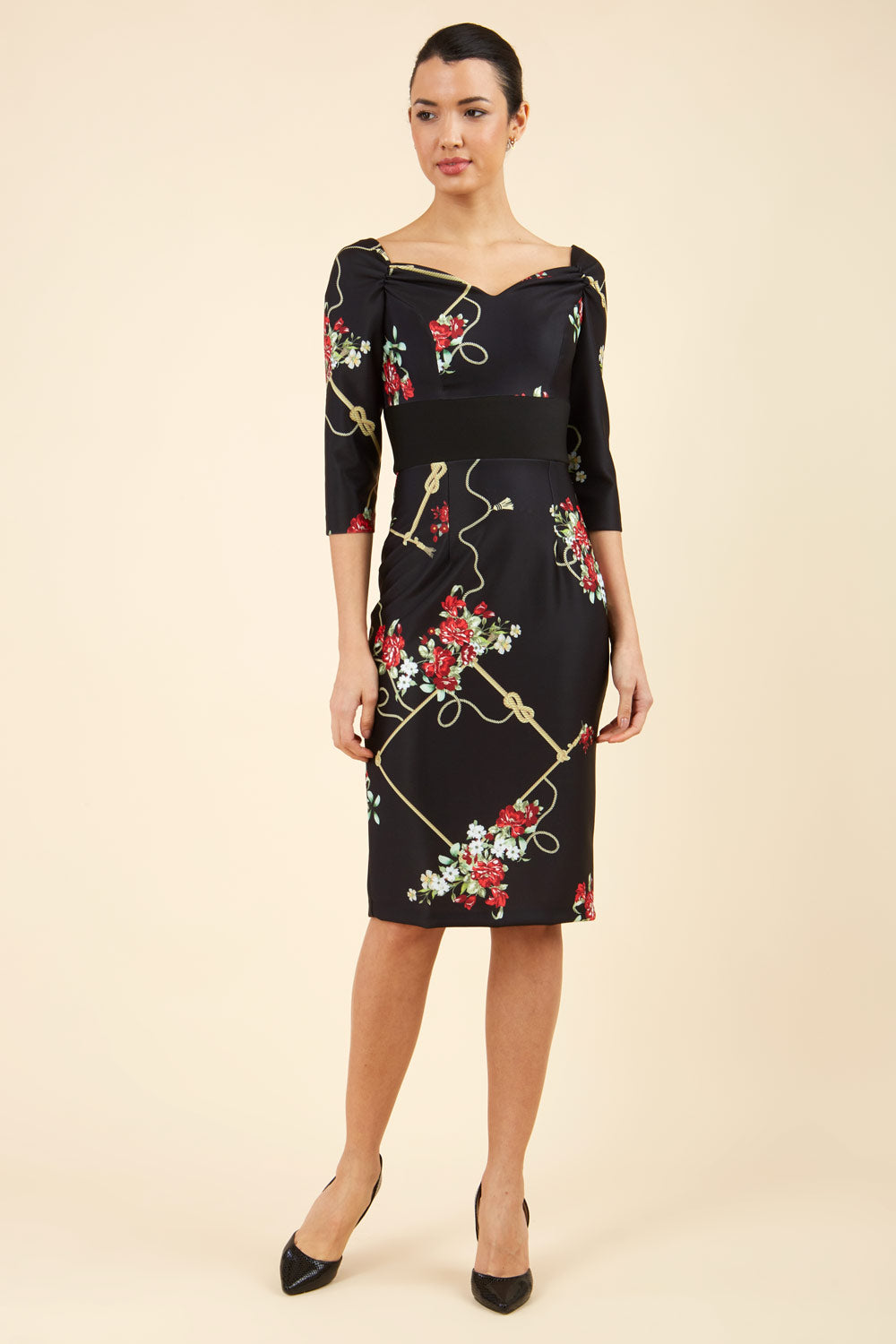 Off the shoulder retro sales flower print black sheath dress