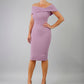 blonde model is wearing diva catwalk mariposa pencil dress with Detailed Bardot neckline with fold-over detail and pleated at waist area in sheer lilac front