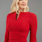 model wearing Diva Catwalk pencil three quarter sleeve dress with a split neckline and pleating across the tummy in red front