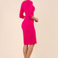 model wearing Diva Catwalk pencil three quarter sleeve dress with a split neckline and pleating across the tummy in pink back