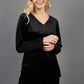 blonde model wearing diva catwalk dahlia asymmetric velvet top with sleeves in black front