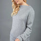blonde model wearing diva catwalk hudson top with long sleeves and boat neckline in very soft cosy cashmere fabric in grey colour front with aria joggers matching the top front