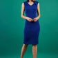 model wearing diva catwalk desdemona pencil plain dress with diamond shape neckline in royal blue colour front