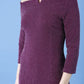 model is wearing diva catwalk neptune pencil off-shoulder dress with 3/4 sleeve in burgundy sparkle front close up