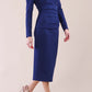 Model wearing diva catwalk Long Sleeved Lydia Midi pencil dress in Navy Blue