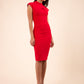 brunette model wearing diva catwalk beyonce pencil fitted dress with high neckline without sleeves with a wide band and pleating across the tummy area with a crossed detail neckline in scarlet red front
