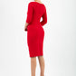 model is wearing diva catwalk jacky dress with rounded neckline 3/4 sleeve and bow detail on the waist in scarlet red back