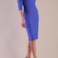 Model wearing diva catwalk Fulham 3/4 Sleeved pencil skirt dress with round neck in Thistle Blue