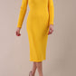 Model wearing DIVA Catwalk Faye Off Shoulder Long Sleeve Midi Pencil Dress in Sunshine Yellow colour front dress