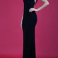 Model wearing Afterdark Full Length Sleeveless Open U-shape Back and Cowl neckline Dress with and Sequined straps over neckline and back in Black front