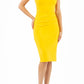 brunette model wearing diva catwalk beyonce pencil fitted dress with high neckline without sleeves with a wide band and pleating across the tummy area with a crossed detail neckline in sunshine yellow front