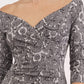 Model wearing the Diva Catherine Jacquard dress with overlapping bodice in circle grey front image