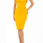 model wearing diva catwalk Bodiam Bodycon Pencil Dress with frill sleeves in knee length and pleating across the tummy in yellow front