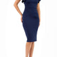 model wearing diva catwalk Bodiam Bodycon Pencil Dress with frill sleeves in knee length and pleating across the tummy in navy front
