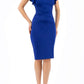 model wearing diva catwalk Bodiam Bodycon Pencil Dress with frill sleeves in knee length and pleating across the tummy in cobalt blue front